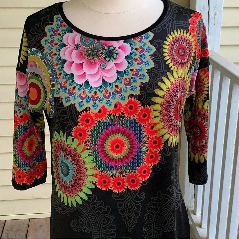 Desigual Longline Tunic Top S Black Rainbow Geometric Flowers Boho Lagenlook - Picture 5 of 11
